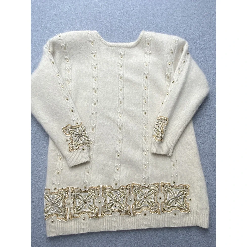 Vintage Marisa Christina Sweater Tunic Womens L White Beaded Pearl 80s